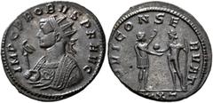Roman Imperial Probus, 276-282. Antoninianus (Silvered bronze, 23 mm, 3.17 g, 6 h), Ticinum, 277-278. IMP C PROBVS P F AVG Radiate bust of Probus to left, wearing consular robe and holding eagle-tippe