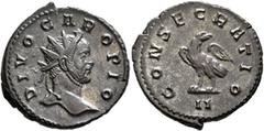 Roman Imperial Divus Carus, died 283. Antoninianus (Silvered bronze, 23 mm, 4.42 g, 6 h), Lugdunum, 284. DIVO CARO PIO Radiate head of Divus Carus to right. Rev. CONSECRATIO / II Eagle standing left w