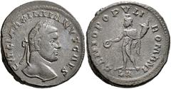 Roman Imperial Galerius, as Caesar, 293-305. Follis (Bronze, 29 mm, 18.18 g, 6 h), Lugdunum, circa 295. C VAL MAXIMIANVS CAES Laureate head of Galerius to right. Rev. GENIO POPVLI ROMANI / LA The Geni