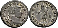 Roman Imperial Galerius, as Caesar, 293-305. Follis (Silvered bronze, 28 mm, 10.66 g, 7 h), Siscia, circa 295. MAXIMIANVS NOB CAES Laureate head of Galerius to right. Rev. GENIO POPV-LI ROMANI / ✱SIS 