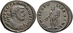 Roman Imperial Galerius, 305-311. Follis (Silvered bronze, 28 mm, 9.78 g, 6 h), Londinium, circa 296-297. IMP C MAXIMIANVS P F AVG Laureate and cuirassed bust of Galerius to right. Rev. GENIO POPV-LI 