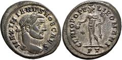 Roman Imperial Galerius, as Caesar, 293-305. Follis (Silvered bronze, 30 mm, 11.26 g, 6 h), Ticinum, circa 296-297. MAXIMIANVS NOB CAES Laureate head of Galerius to right. Rev. GENIO POPV-LI ROMANI / 