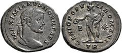Roman Imperial Galerius, as Caesar, 293-305. Follis (Silvered bronze, 28 mm, 9.28 g, 12 h), Treveri, circa 298-299. MAXIMIANVS NOBIL CAES Laureate head of Galerius to right. Rev. GENIO POPV-LI ROMANI 