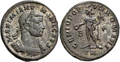 Roman Imperial Galerius, as Caesar, 293-305. Follis (Silvered bronze, 28 mm, 12.54 g, 11 h), Treveri, circa 298-299. MAXIMIANV[S] NOBIL CAES Laureate and cuirassed bust of Galerius to right. Rev. GENI