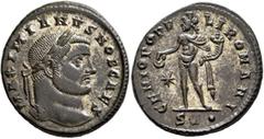 Roman Imperial Galerius, as Caesar, 293-305. Follis (Silvered bronze, 28 mm, 10.62 g, 11 h), Ticinum, circa 298-299. MAXIMIANVS NOB CAES Laureate head of Galerius to right. Rev. GENIO POPV-LI ROMANI /