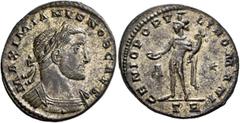 Roman Imperial Galerius, as Caesar, 293-305. Follis (Silvered bronze, 29 mm, 11.49 g, 7 h), Treveri, circa 298-299. MAXIMIANVS NOB CAES Laureate and cuirassed bust of Galerius to right. Rev. GENIO POP