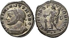 Roman Imperial Galerius, as Caesar, 293-305. Follis (Silvered bronze, 29 mm, 8.55 g, 1 h), Lugdunum, circa 302-mid 304. MAXIMIANVS NOB C Laureate and cuirassed bust of Galerius to left. Rev. GENIO POP