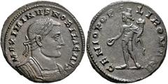 Roman Imperial Galerius, as Caesar, 293-305. Follis (Bronze, 27 mm, 9.12 g, 7 h), Londinium, circa 303-1 May 305. MAXIMIANVS NOBILI CAES Laureate and cuirassed bust of Galerius to right. Rev. GENIO PO