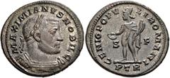 Roman Imperial Galerius, as Caesar, 293-305. Follis (Silvered bronze, 29 mm, 10.91 g, 6 h), Treveri, circa 303-1 May 305. MAXIMIANVS NOBIL C Laureate and cuirassed bust of Galerius to right. Rev. GENI