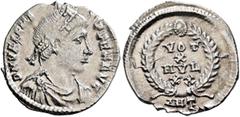 Roman Imperial Valens, 364-378. Siliqua (Silver, 19 mm, 2.00 g, 6 h), Antiochia, 367-375. D N VALENS PER F AVG Pearl-diademed, draped and cuirassed bust of Valens to right. Rev. VOT / X / MVLT / XX in