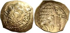 Byzantine Andronicus II Palaeologus, 1282-1328. Hyperpyron (Electrum, 26 mm, 4.16 g, 6 h), Constantinopolis, 1282-1294. Bust of Virgin Mary, orans, within city walls furnished with six groups of tower