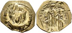 Byzantine Andronicus II Palaeologus, with Michael IX, 1282-1328. Hyperpyron (Electrum, 25 mm, 3.95 g, 6 h), Constantinopolis. Bust of Virgin Mary, orans, flanked by two stars, all within city walls fu