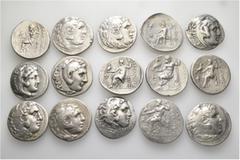 Group Lots A lot containing 15 silver coins. All: Alexander III 'the Great' and his successors. Tetradrachms. Fine to very fine. LOT SOLD AS IS, NO RETURNS. 15 coins in lot. From a European collection