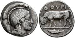 Greek LUCANIA. Thourioi. Circa 443-400 BC. Triobol (Silver, 13 mm, 1.12 g, 9 h). Head of Athena to right, wearing crested Attic helmet decorated with a laurel wreath. Rev. ΘΟΥΡΙΩΝ Bull walking left wi