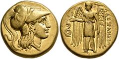 Greek KINGS OF MACEDON. Alexander III ‘the Great’, 336-323 BC. Stater (Gold, 17 mm, 8.58 g, 12 h), Sardes, struck under Menander, circa 330/25-324/23. Head of Athena to right, wearing crested Corinthi