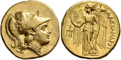 Greek KINGS OF MACEDON. Alexander III ‘the Great’, 336-323 BC. Stater (Gold, 19 mm, 8.56 g, 12 h), Tarsos, struck under Balakros or Menes, circa 332/1-328/7. Head of Athena to right, wearing Corinthia