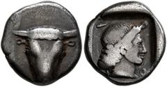 Greek PHOKIS, Federal Coinage. Circa 457-446. Triobol (Silver, 13 mm, 2.86 g, 6 h). Facing head of a bull. Rev. Φ-O-K-I Head of Artemis to right, with her hair in a bun; all within shallow incuse squa