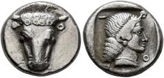 Greek PHOKIS, Federal Coinage. Circa 457-446. Triobol (Silver, 14 mm, 2.39 g, 6 h). Facing head of a bull. Rev. Φ-O-K-I Head of Artemis to right, with her hair in a bun; all within shallow incuse squa