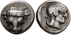 Greek PHOKIS, Federal Coinage. Circa 445-420. Triobol or Hemidrachm (Silver, 14 mm, 3.00 g, 12 h). Facing head of a bull. Rev. [Φ]-Ο-Κ-Ι Head of Artemis to right, with her hair in a bun; all within sh