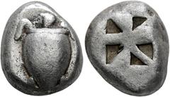 Greek ISLANDS OFF ATTICA, Aegina. Circa 525-480 BC. Stater (Silver, 19 mm, 12.13 g). Sea turtle seen from above, [with a line of pellets down the back of its shell]. Rev. Incuse square of 'Union Jack'