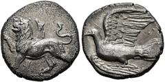 Greek SIKYONIA. Sikyon. Circa 330/20-280 BC. Triobol (Silver, 14 mm, 2.64 g, 12 h). Chimaera standing left, raising right forepaw; below, ΣΙ. Rev. Dove flying left; to upper right, three pellets. BCD 