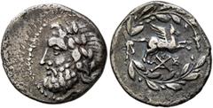 Greek ACHAIA, Achaian League. Corinth. Circa 167-146 BC. Triobol or Hemidrachm (Silver, 17 mm, 2.32 g, 11 h). Laureate head of Zeus to left. Rev. Achaian League monogram; above, Pegasos springing righ