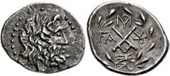 Greek ACHAIA, Achaian League. Elis. Circa 88-30 BC. Triobol or Hemidrachm (Silver, 18 mm, 2.30 g, 4 h). Laureate head of Zeus to right. Rev. Achaian League monogram; to left FA; above and to right, mo