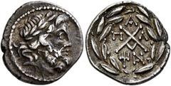 Greek ACHAIA, Achaian League. Pallantion. Circa 88-30 BC. Triobol or Hemidrachm (Silver, 17 mm, 2.33 g, 1 h). Laureate head of Zeus to right. Rev. Achaean League monogram; above, A; to left and right,