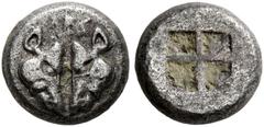 Greek LESBOS. Uncertain mint. Circa 500-450 BC. 1/24 Stater (Billon, 6 mm, 0.61 g). Two confronted boar's heads; above, ΛEΣ. Rev. Quadripartite incuse square. BMC 17-18. HGC 6, 1071 var. (1/24 stater)