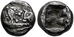 Greek KINGS OF LYDIA. Kroisos, circa 560-546 BC. 1/12 Stater (Silver, 7 mm, 0.60 g), Sardes. Confronted foreparts of a lion and a bull. Rev. Incuse square punch. Berk 26-7. Boston MFA 2072. GRPC Lydia