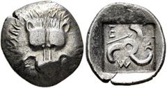 Greek DYNASTS OF LYCIA. Mithrapata, circa 390-370 BC. Diobol or Sixth Stater (Silver, 14 mm, 1.44 g), uncertain mint. Facing lion's scalp. Rev. 𐊎-𐊆-𐊉 ('Mith' in Lycian) Triskeles; to left, arrow; a