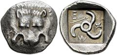 Greek DYNASTS OF LYCIA. Mithrapata, circa 390-370 BC. Diobol or Sixth Stater (Silver, 13 mm, 1.41 g), uncertain mint. Facing lion's scalp. Rev. 𐊎-𐊆-𐊉 ('Mith' in Lycian) Triskeles; to left, arrow; a
