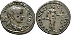 Roman Provincial THRACE. Hadrianopolis. Gordian III, 238-244. Tetrassarion (Bronze, 26 mm, 10.38 g, 7 h). AΥT K M ANT ΓOPΔIANOC AΥΓ Laureate, draped and cuirassed bust of Gordian III to right, seen fr