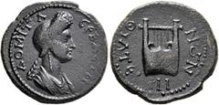Roman Provincial LYDIA. Thyateira. Domitia, Augusta, 82-96. Hemiassarion (Bronze, 18 mm, 3.33 g, 7 h). ΔΟΜΙΤΙΑ ϹЄΒΑϹΤΗ Draped bust of Domitia to right. Rev. ΘΥΑΤЄΙΡΗΝΩΝ Lyre. GRPC Lydia 160. RPC II 94