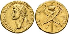 Roman Imperial Nero Claudius Drusus, died 9 BC. Aureus (Gold, 19 mm, 7.74 g, 3 h), Lugdunum, struck under Claudius, circa 41-42. NERO CLAVDIVS DRVSVS GERMANICVS IMP Head of Nero Claudius Drusus to lef