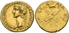 Roman Imperial Nero Claudius Drusus, died 9 BC. Aureus (Gold, 19 mm, 7.74 g, 5 h), Lugdunum, struck under Claudius, circa 41-42. NERO CLAVDIVS DRVSVS GERMANICVS IMP Head of Nero Claudius Drusus to lef