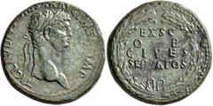 Roman Imperial Claudius, 41-54. Sestertius (Orichalcum, 35 mm, 28.71 g, 7 h), Rome, 41-42. TI CLAVDIVS CAESAR AVG P M TR P IMP Laureate head of Claudius to right. Rev. EX S C / OB / CIVES / SERVATOS i