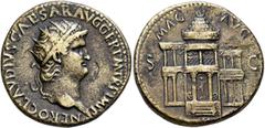 Roman Imperial Nero, 54-68. Dupondius (Orichalcum, 28 mm, 14.93 g, 6 h), Rome, circa 64. NERO CLAVDIVS CAESAR AVG GER P M TR P IMP P P Radiate head of Nero to right. Rev. MAC AVG / S - C / II Façade o