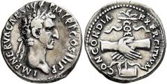 Roman Imperial Nerva, 96-98. Denarius (Silver, 18 mm, 3.23 g, 3 h), Rome, 97. IMP NERVA CAES AVG P M TR P COS III P P Laureate head of Nerva to right. Rev. CONCORDIA EXERCITVVM Clasped right hands hol
