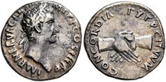 Roman Imperial Nerva, 96-98. Denarius (Silver, 17 mm, 3.00 g, 12 h), Rome, 97. IMP NERVA CAES AVG P M TR P II COS III P P Laureate head of Nerva to right. Rev. CONCORDIA EXERCITVVM Clasped right hands