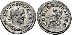 Roman Imperial Pupienus, 238. Denarius (Silver, 19 mm, 3.37 g, 4 h), Rome, circa April-June 238. IMP C M CLOD PVPIENVS AVG Laureate, draped and cuirassed bust of Pupienus to right, seen from behind. R