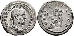 Roman Imperial Pupienus, 238. Denarius (Silver, 20 mm, 3.10 g, 6 h), Rome, circa April-June 238. IMP C M CLOD PVPIENVS AVG Laureate, draped and cuirassed bust of Pupienus to right, seen from behind. R