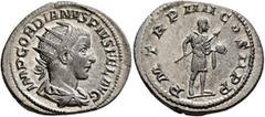 Roman Imperial Gordian III, 238-244. Antoninianus (Silver, 24 mm, 4.37 g, 6 h), Rome, 241-242. IMP GORDIANVS PIVS FEL AVG Radiate, draped and cuirassed bust of Gordian III to right, seen from behind. 