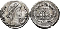 Roman Imperial Constantius II, 337-361. Siliqua (Silver, 20 mm, 3.00 g, 12 h), Antiochia, late 347-November 355. D N CONSTAN-TIVS P F AVG Pearl-diademed head of Constantius II to right. Rev. VOTIS / X