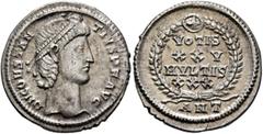 Roman Imperial Constantius II, 337-361. Siliqua (Silver, 21 mm, 3.29 g, 12 h), Antiochia, late 347-November 355. D N CONSTAN-TIVS P F AVG Pearl-diademed head of Constantius II to right. Rev. VOTIS / X