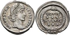 Roman Imperial Constantius II, 337-361. Siliqua (Silver, 20 mm, 3.00 g, 6 h), Antiochia, late 347-November 355. D N CONSTAN-TIVS P F AVG Pearl-diademed head of Constantius II to right. Rev. VOTIS / XX