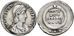 Roman Imperial Constantius II, 337-361. Siliqua (Silver, 20 mm, 3.01 g, 12 h), Constantinopolis, March 351-November 355. D N CONSTAN-TIVS P F AVG Pearl-diademed, draped and cuirassed bust of Constanti