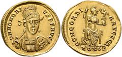 Roman Imperial Honorius, 393-423. Solidus (Gold, 21 mm, 4.39 g, 6 h), Constantinopolis, 402-403. D N HONORI-VS P F AVG Pearl-diademed, helmeted and cuirassed bust of Honorius facing, his head turned s