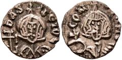 Byzantine Basil I the Macedonian, with Constantine, 867-886. Tremissis (Electrum, 12 mm, 0.83 g, 12 h), Syracuse. bASILЄIOC Facing bust of Basil I, wearing crown surmounted by cross and loros, holding