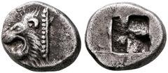 Greek GAUL. Massalia. Circa 525-500 BC. Trihemiobol (Silver, 11 mm, 1.33 g), Phokaic standard. Head of a roaring lion to left. Rev. Quadripartite incuse square. Furtwängler, Auriol -, cf. Ba1 (Diobol)